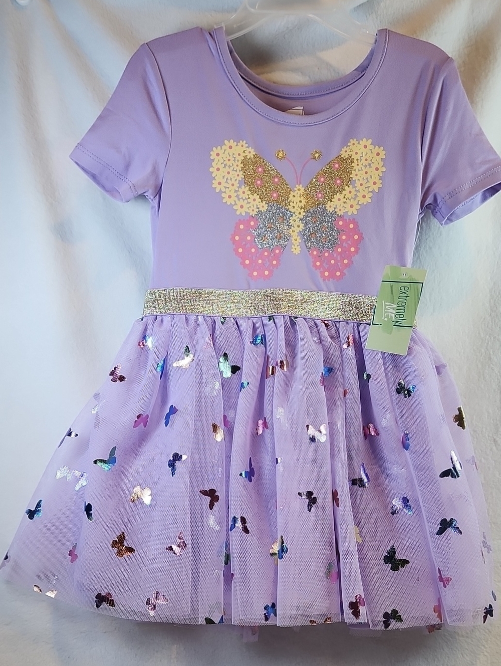 Girls' Lavender Short SLEEVE Butterfly Tulle Dress with Glitter Waistband